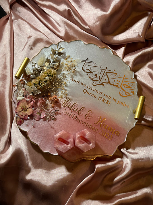 Round 3D floral resin ring plate with two ring holders | Nikkah | Wedding | Personalise | Gift | Bespoke | Luxury | Home decor | Vanity Tray