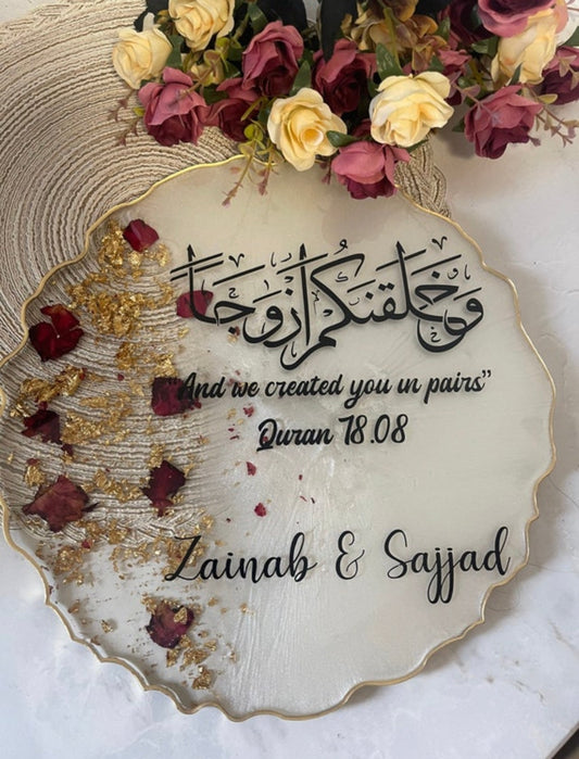 Large Round custom resin ring plate with two ring holders | Nikkah | Wedding | Personalise | Gift | Bespoke | Luxury | Home | Vanity Tray