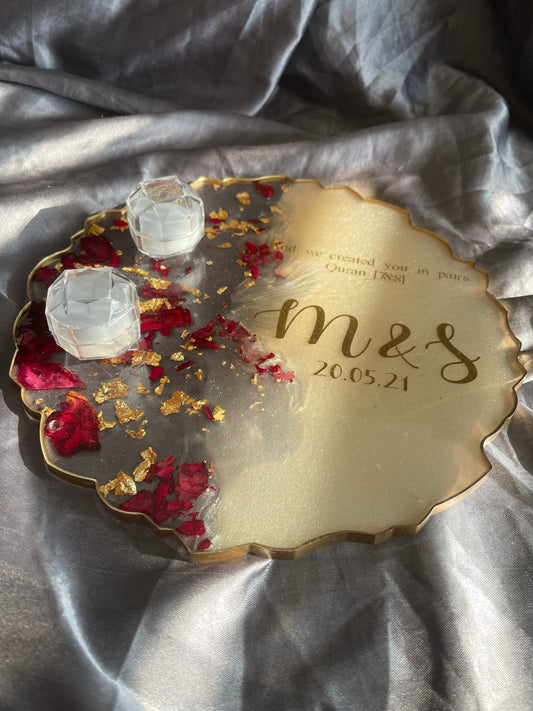 Round custom resin ring plate with two ring holders | Nikkah | Wedding | Personalise | Gift | Bespoke | Luxury | Home decor | Vanity Tray