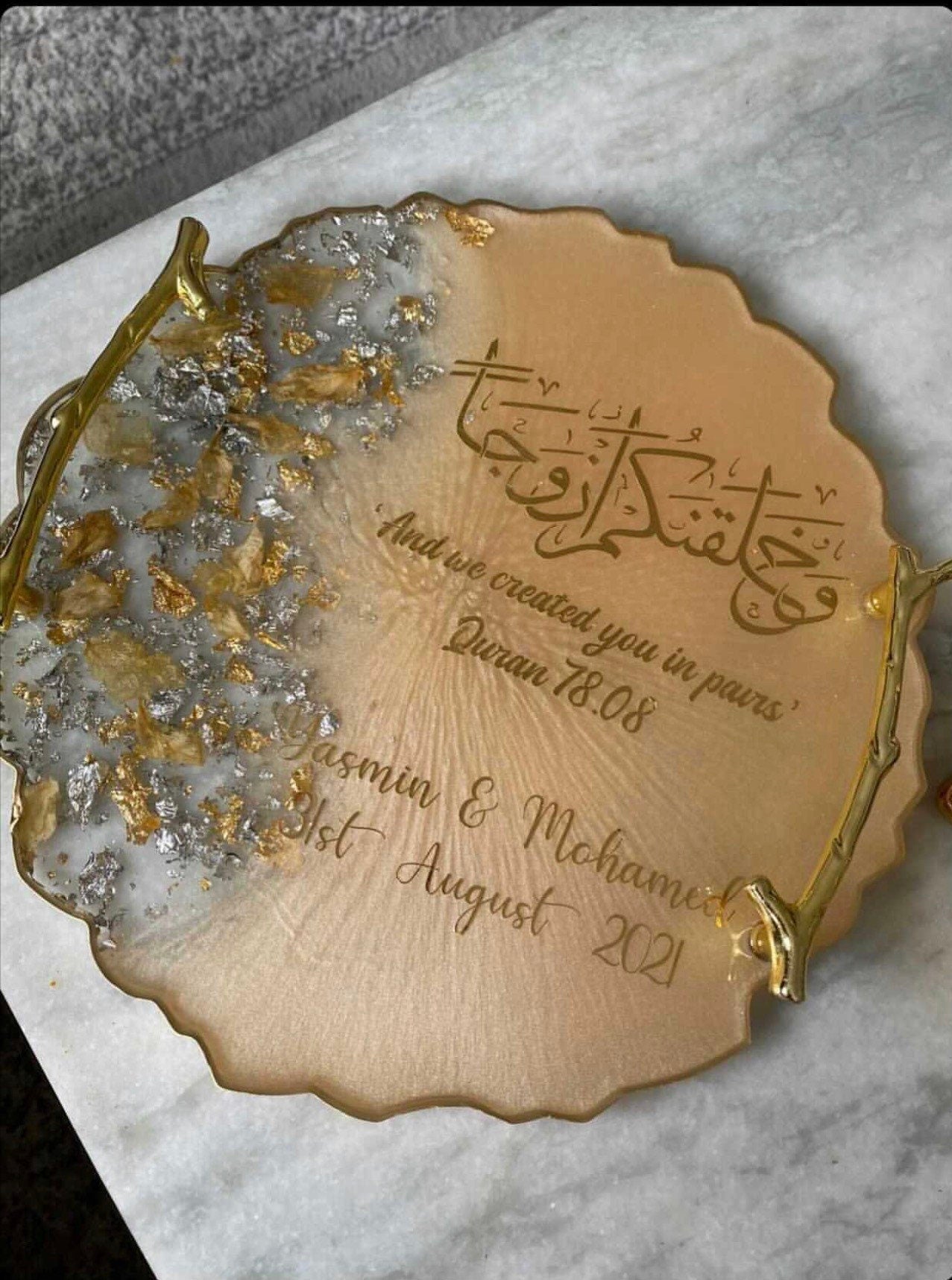 Round custom resin ring plate with handles | Nikkah | Wedding | Personalise | Gift | Bespoke | Luxury | Home decor | Vanity Tray