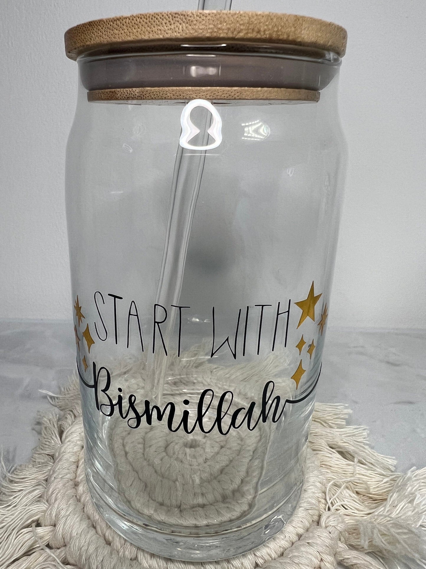 Start with Bismillah Glass Cup with Straw and Bamboo Lid | Libbey Cup | Drinkware | Reusable Cup | Beer Glass | Ramadan | Eid | Islam |